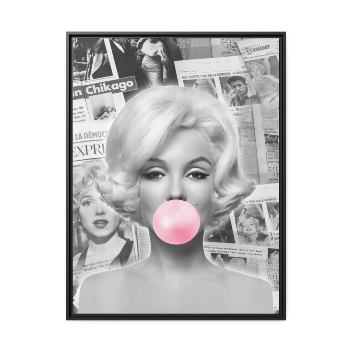 Marilyn Monroe Wall Canvas, Matte Canvas, Black Frame - International News Marilyn Bubblegum