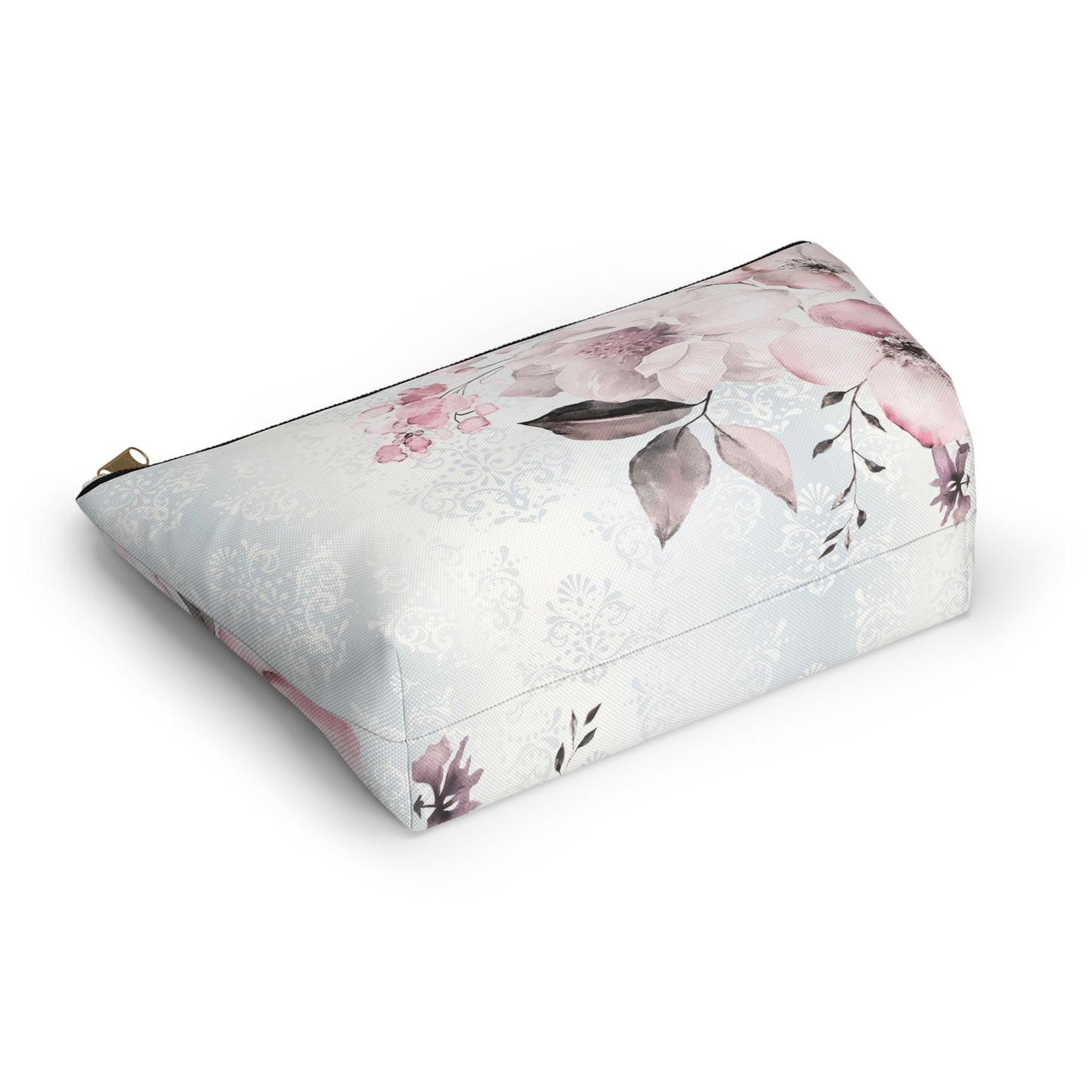 Personalized Pink Flower Damask - Cosmetic Pouch w T-bottom, Accessory Pouch