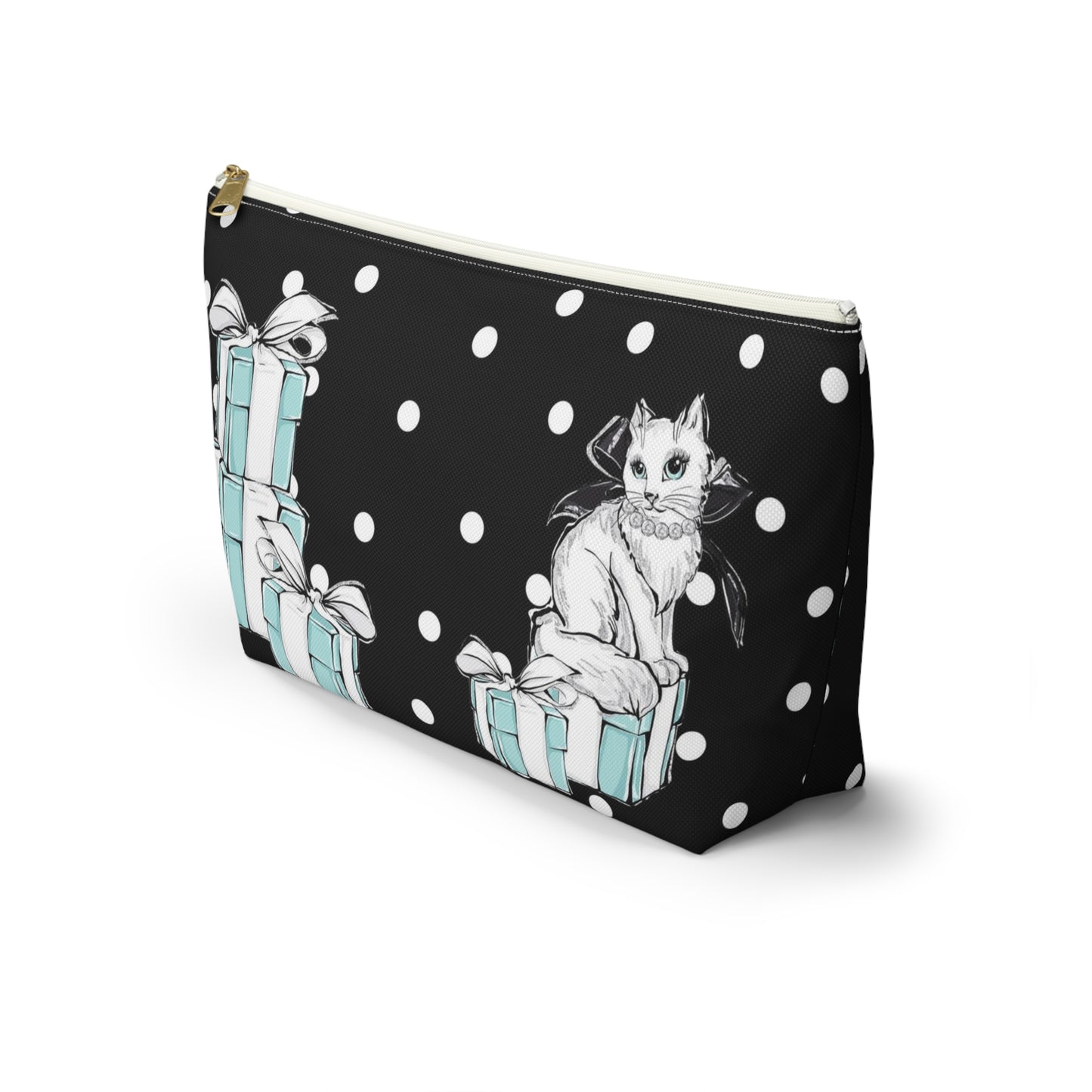 Personalized Kitty Cat Cosmetic Pouch w T-bottom, Accessory Pouch, Cats Polka Dot Breakfast at Tiffany - Black