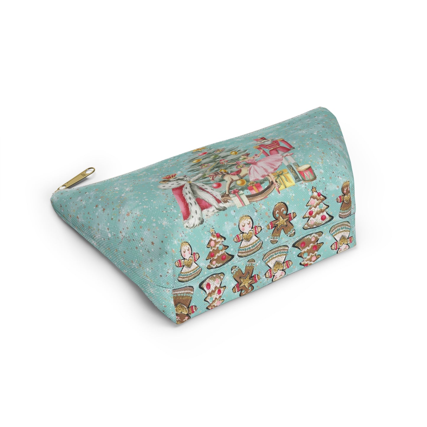 Nutcracker Gingerbread Cosmetic Pouch w T-bottom, Accessory Pouch - Blue Green Snowflake Nutcracker Ballet Makeup Bag