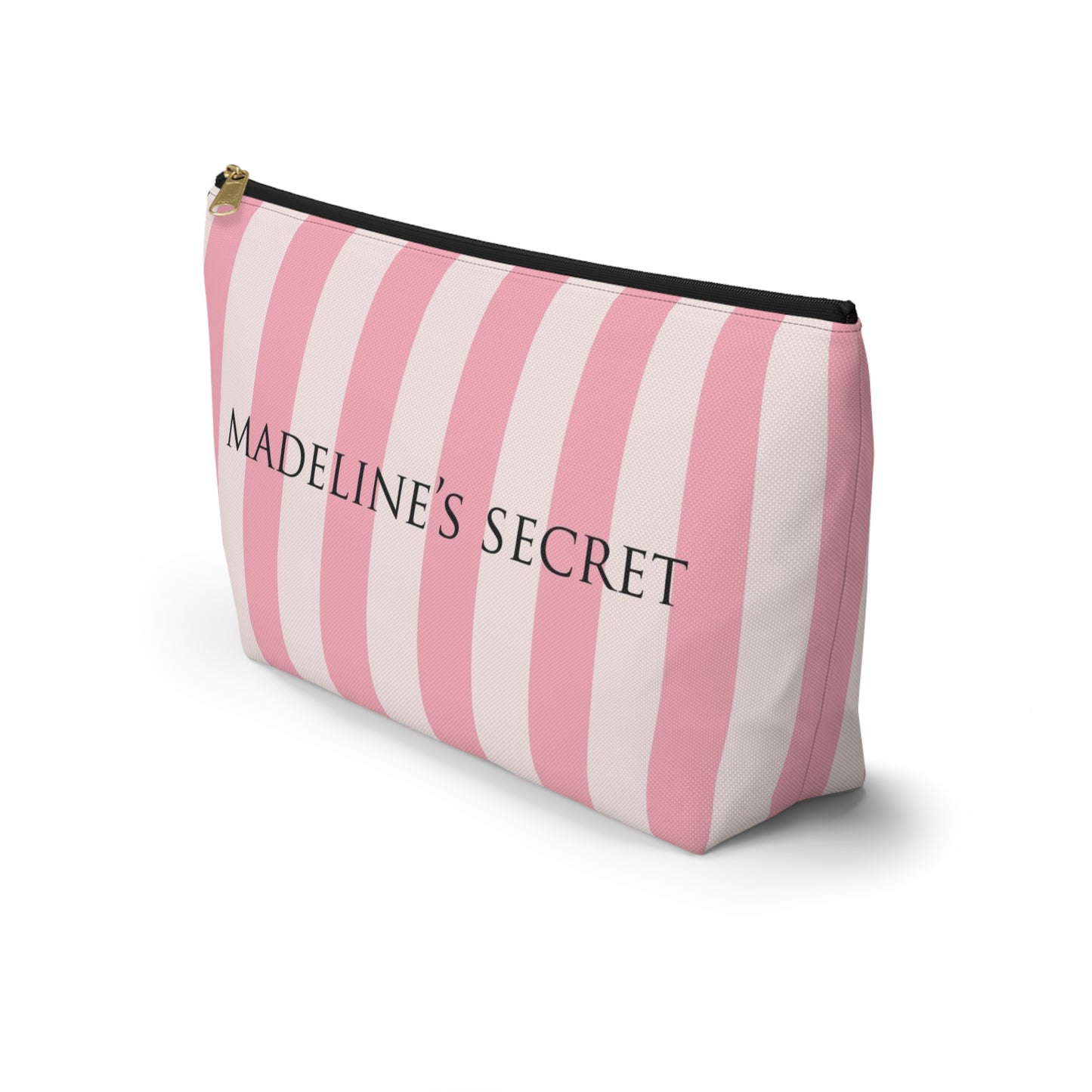 Personalized Secret Cosmetic Pouch w T-bottom, Accessory Pouch - Pink Stripe