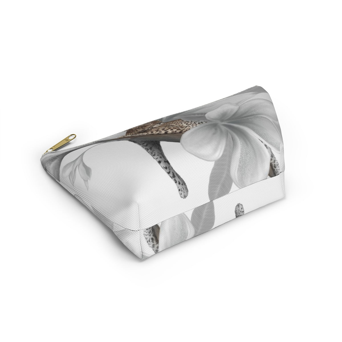 Leopard Cosmetic Pouch w T-bottom, Accessory Pouch - Leopard White Plumeria