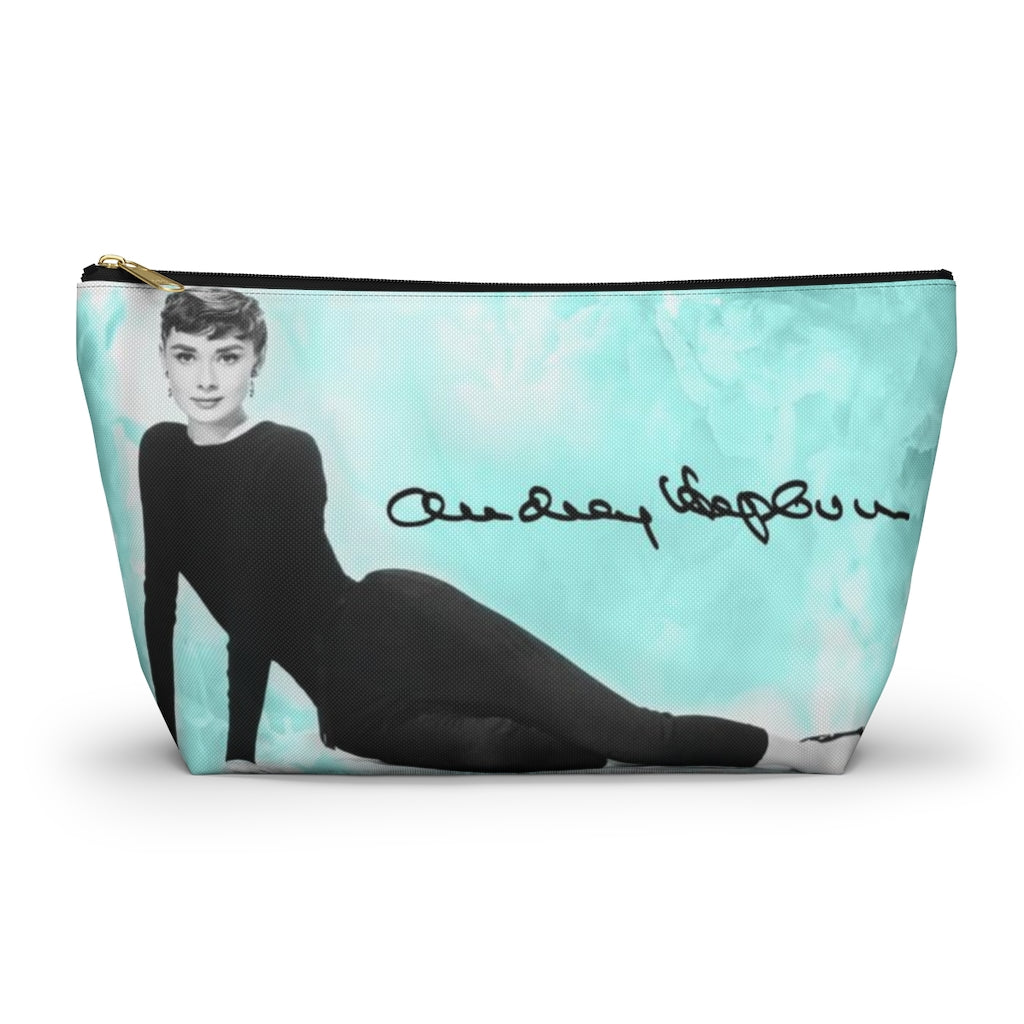 Audrey Hepburn Signature Cosmetic Pouch w T-bottom, Accessory Pouch, Blue Green