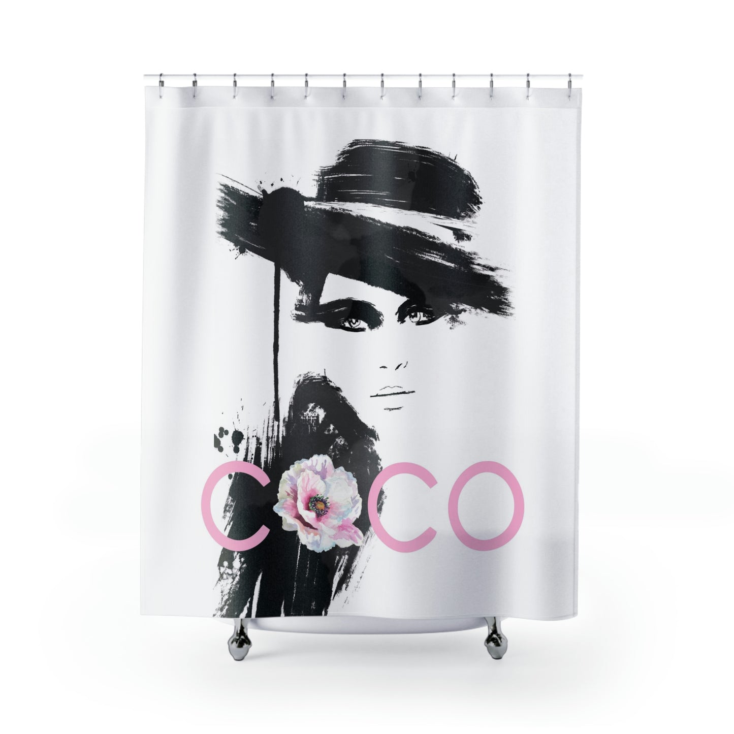 COCO Flower Shower Curtain - Fashion Shower Curtain - Pink Rose COCO Designer Bath Curtain