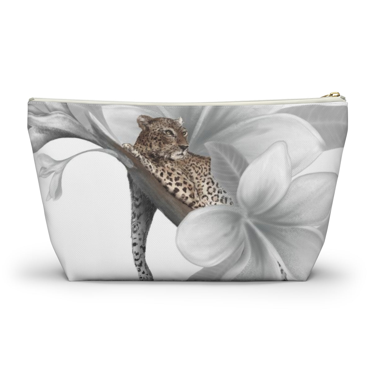 Leopard Cosmetic Pouch w T-bottom, Accessory Pouch - Leopard White Plumeria