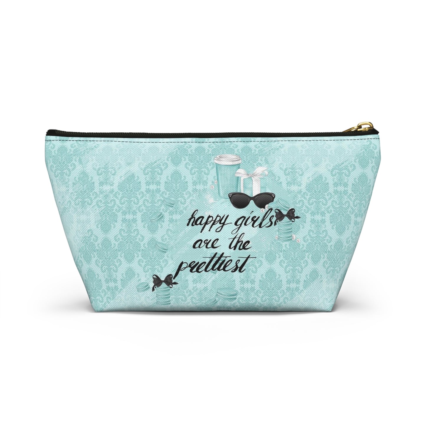 Happy Girls are the Prettiest Cosmetic Pouch w T-bottom, Accessory Pouch, Breakfast at Tiffany