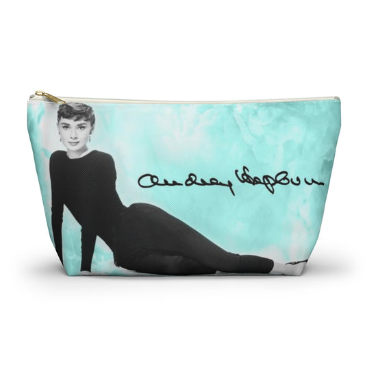 Audrey Hepburn Signature Cosmetic Pouch w T-bottom, Accessory Pouch, Blue Green