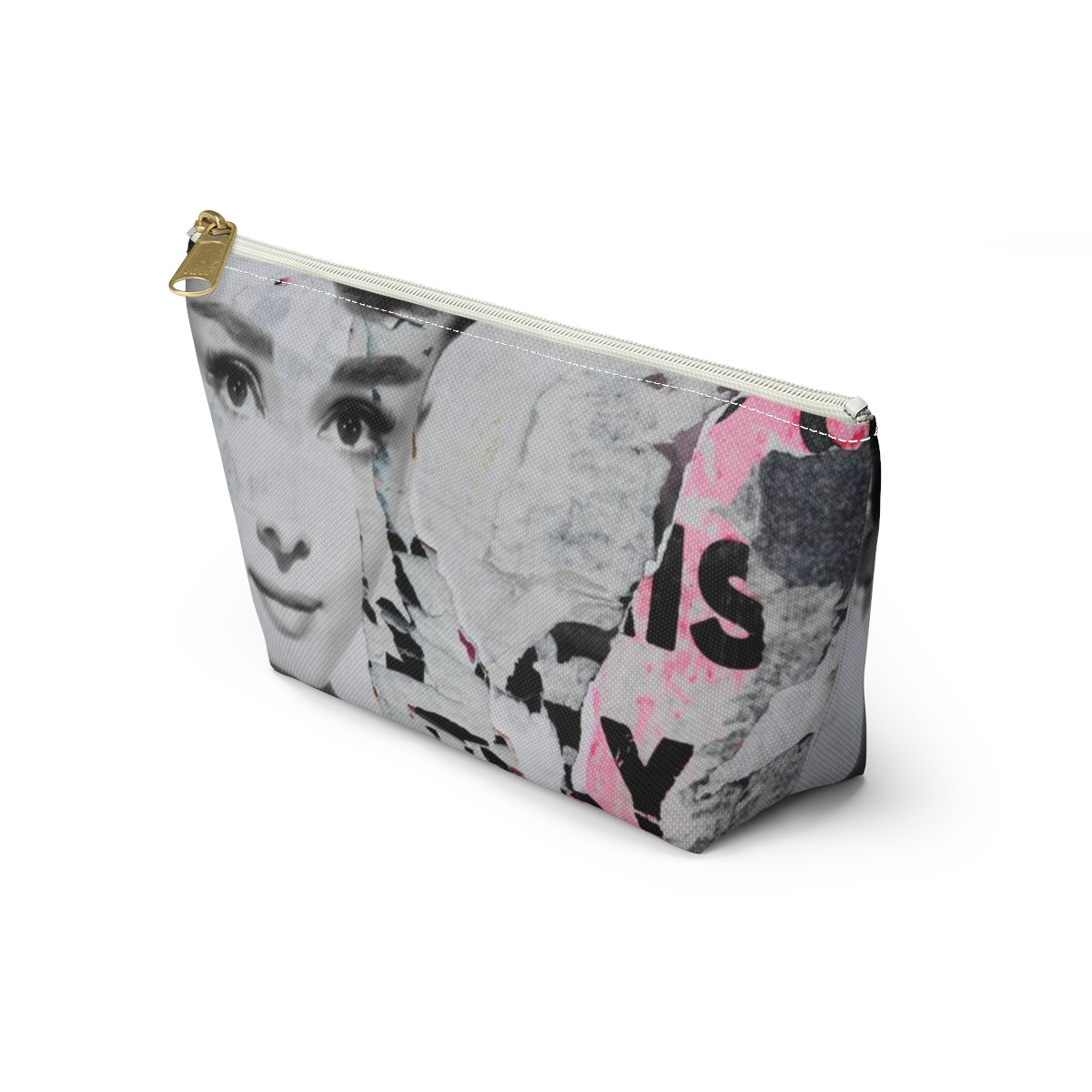 Audrey Hepburn Cosmetic Pouch w T-bottom, Accessory Pouch, Distressed Poster