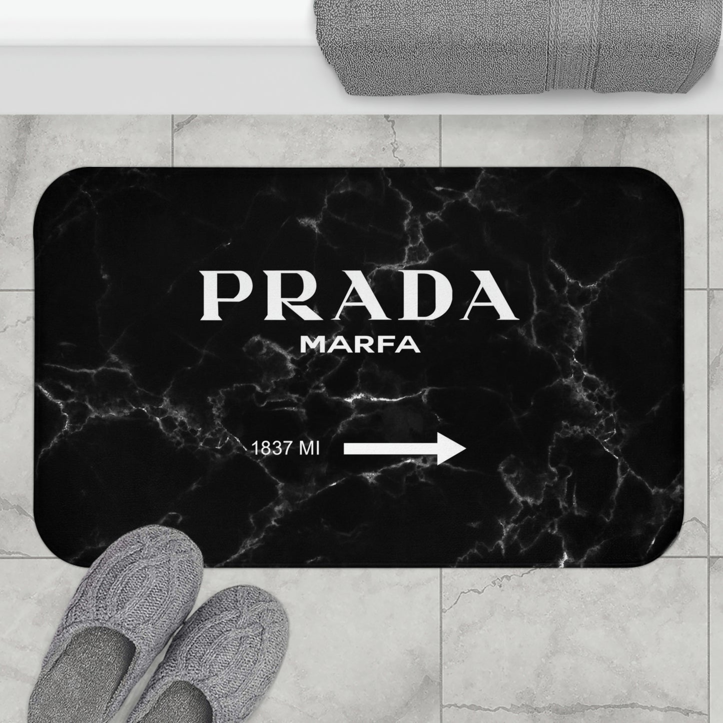 1837 MILES to MARFA Black Marble Bath Mat - Fashion Inspired Floor Mat - Marfa Texas Fashion Art Installation Sign