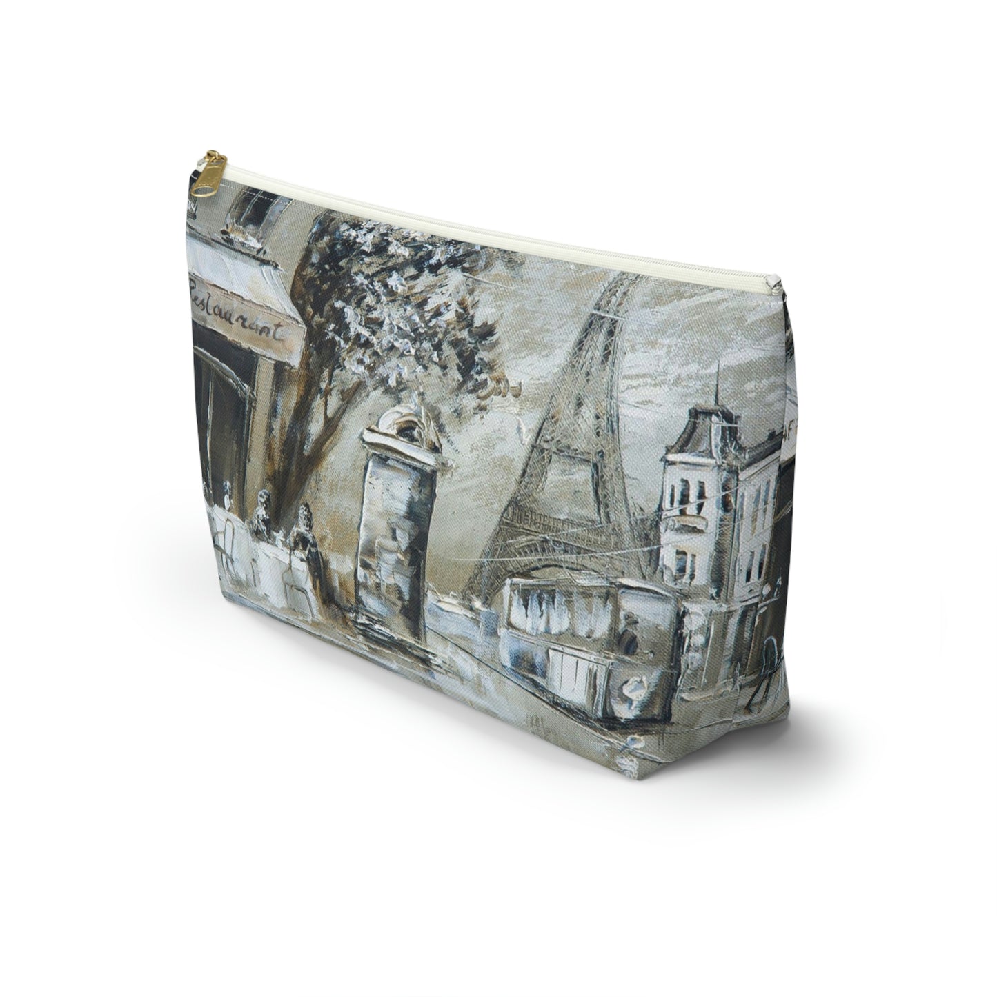 Eiffel Tower Cosmetic Pouch w T-bottom, Accessory Pouch - Cafe in Paris