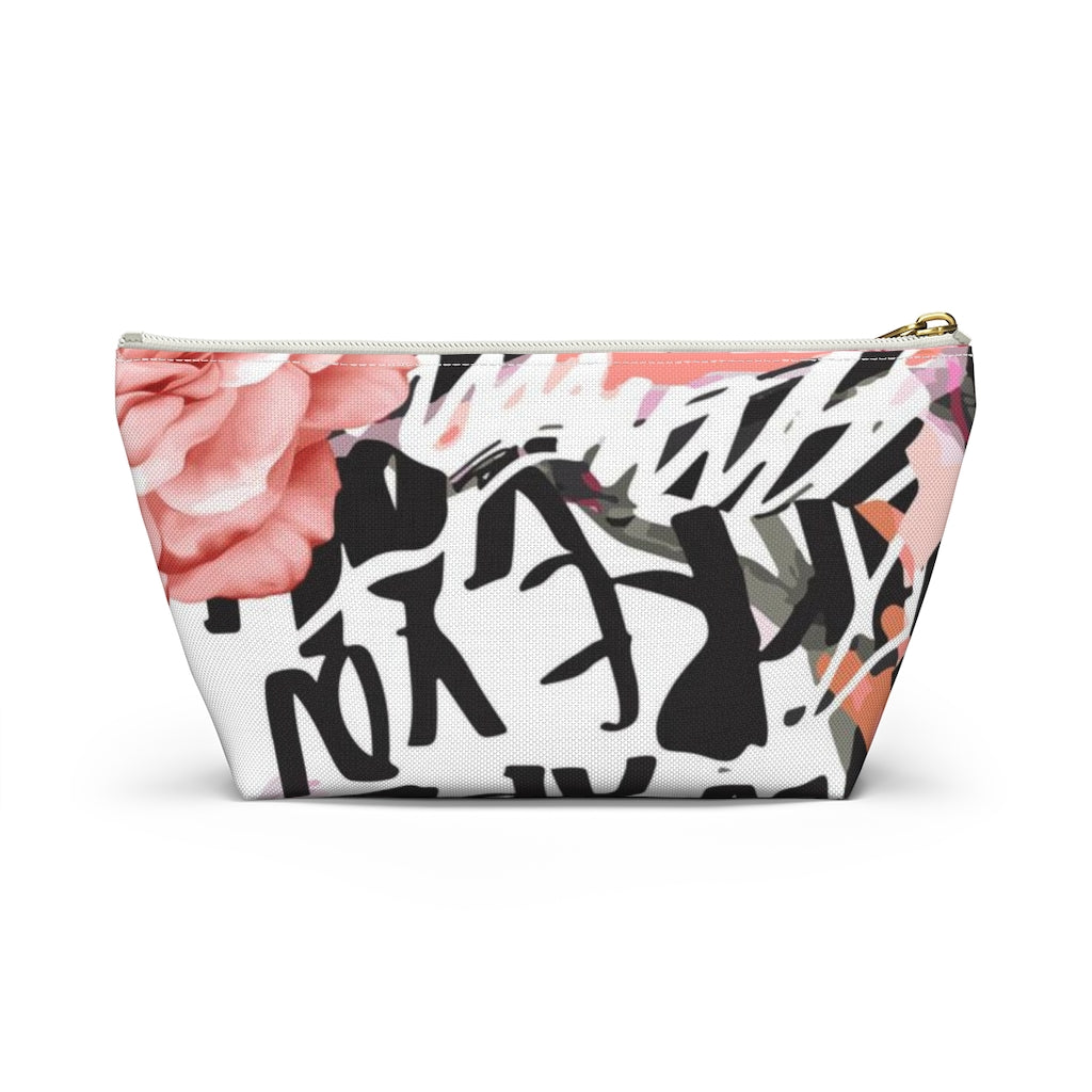 Abstract Rose Cosmetic Pouch w T-bottom, Accessory Pouch, Pink and Orange