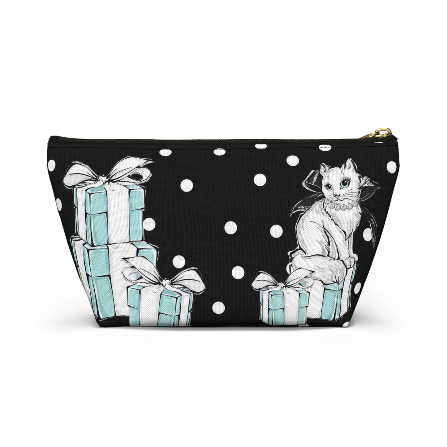 Personalized Kitty Cat Cosmetic Pouch w T-bottom, Accessory Pouch, Cats Polka Dot Breakfast at Tiffany - Black