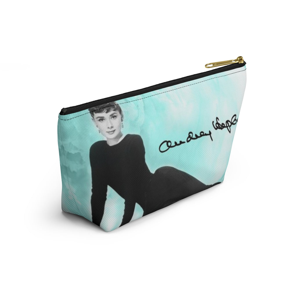 Audrey Hepburn Signature Cosmetic Pouch w T-bottom, Accessory Pouch, Blue Green