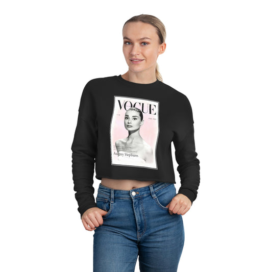 Audrey Hepburn Vogue Cover Crop Sweatshirt, Cropped Pullover, Crop Fleece, Crop Top - BLACK