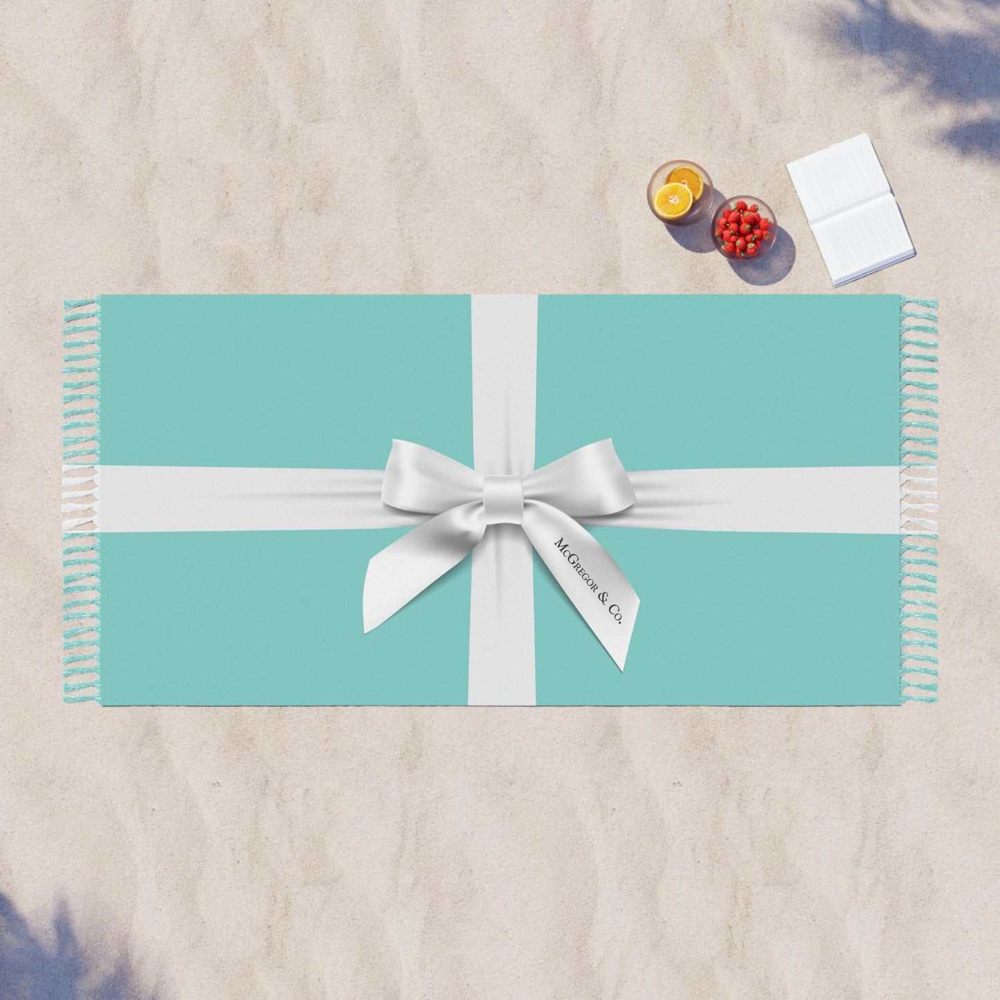 Personalized Little Blue Box Wrap, Beach Cloth with Fringe - Paris Blue Name and Co Bow