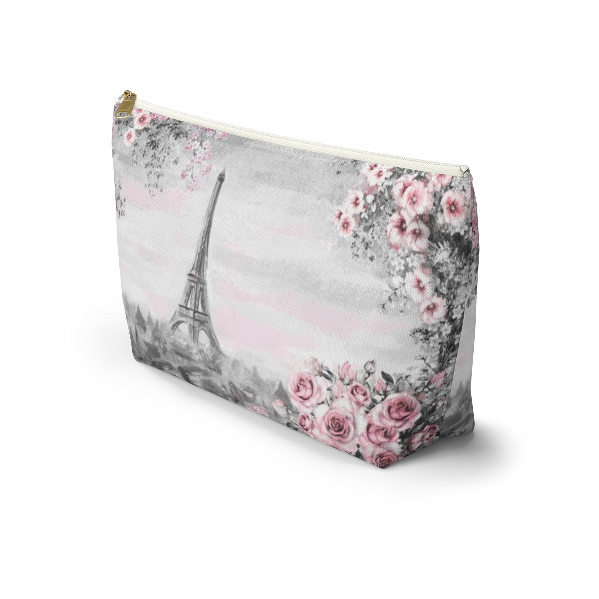 Eiffel Tower Cosmetic Pouch w T-bottom, Accessory Pouch, Pink Paris Rose