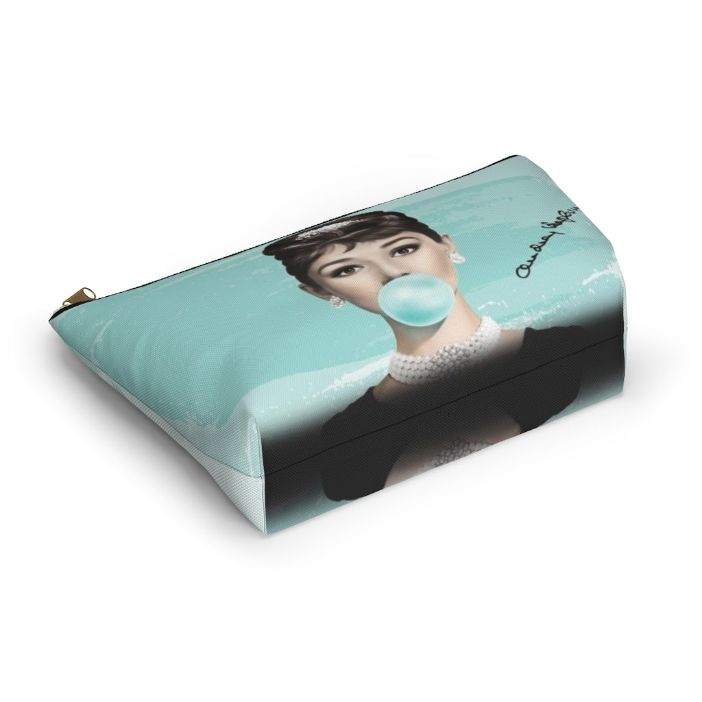 Audrey Hepburn Cosmetic Pouch w T-bottom, Accessory Pouch, Blue Green Signature