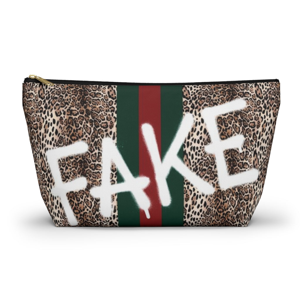 FAKE Fashion Cosmetic Pouch w T-bottom, Accessory Pouch, Leopard Red Green Stripe