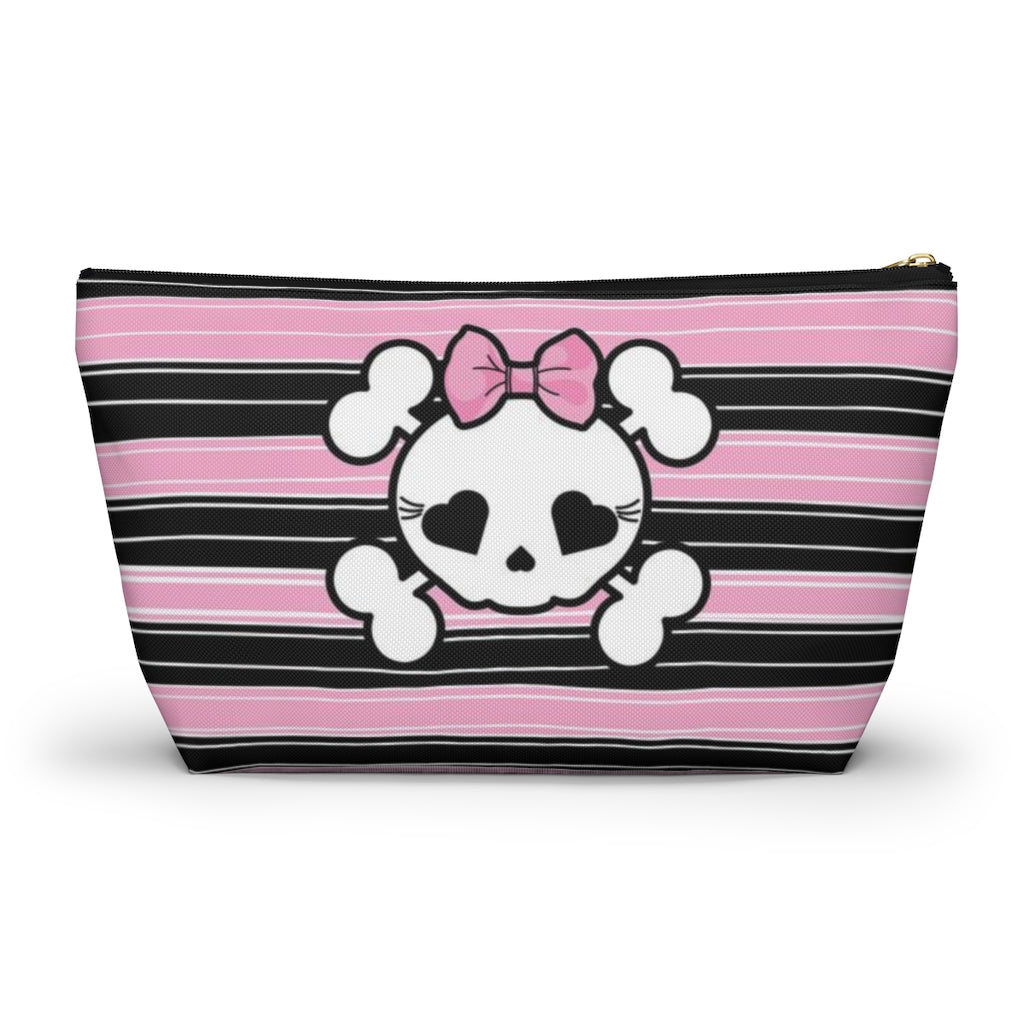 Candy Skull Cosmetic Pouch w T-bottom, Accessory Pouch, Pink Black Stripe