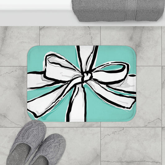 Hand Drawn Little Blue Box Bath Mat - Breakfast at Tiffany Inspired Floor Mat - Blue Green with White Bow