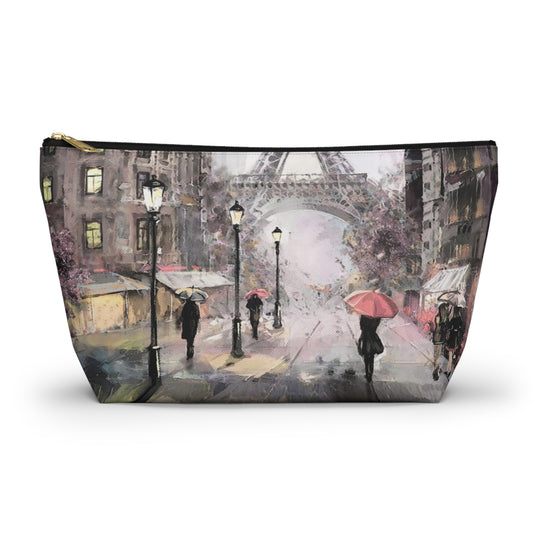 Eiffel Tower Cosmetic Pouch w T-bottom, Accessory Pouch - Pastel Rain in Paris