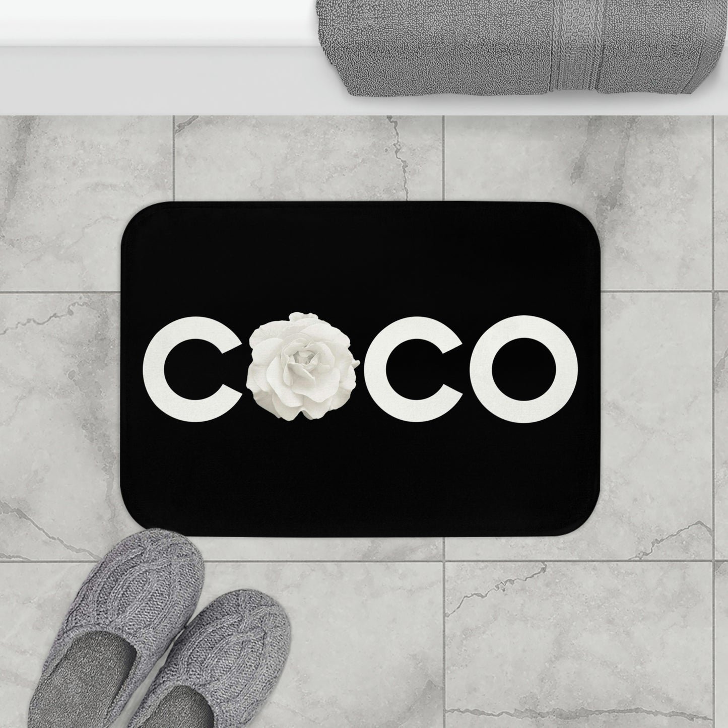 Black COCO Rose Bath Mat - Fashion Floor Mat - Black and Cream Rose Bathroom Shower Mat