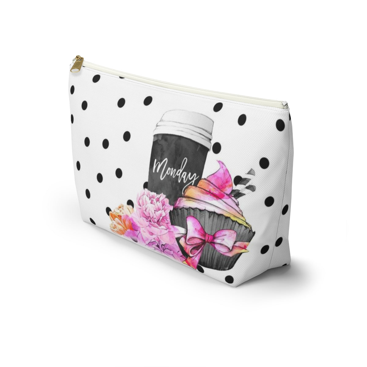 Personalized Coffee Monday Cosmetic Pouch w T-bottom, Accessory Pouch, Pink Cupcake Polka Dot