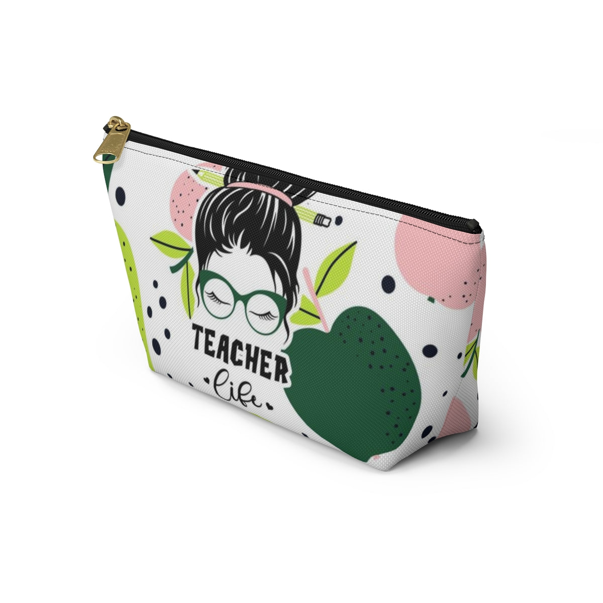 Teacher Life Cosmetic Pouch w T-bottom, Accessory Pouch, Pink and Green Apple Dot