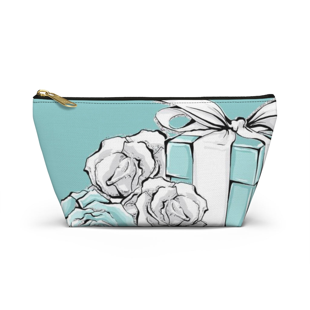 Little Blue Box Cosmetic Pouch w T-bottom, Accessory Pouch, Blue Green Rose Jewelry Box