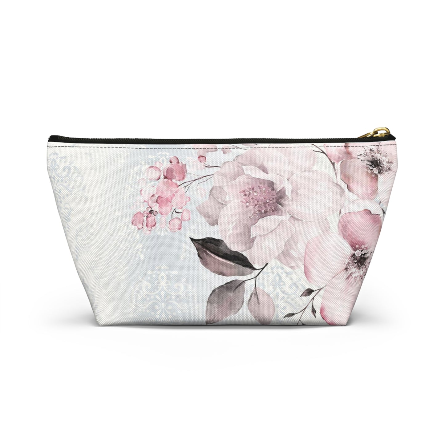 Personalized Pink Flower Damask - Cosmetic Pouch w T-bottom, Accessory Pouch