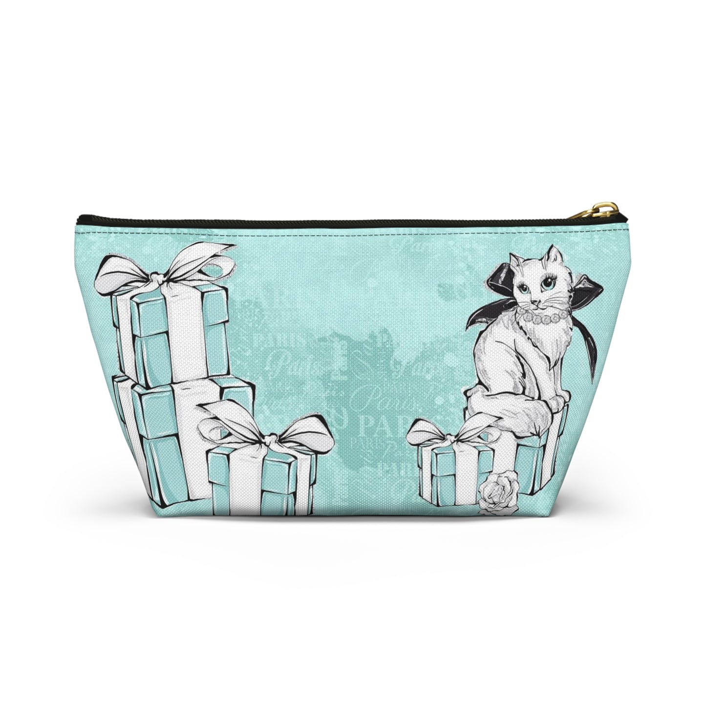 Personalized Kitty Cat Cosmetic Pouch w T-bottom, Accessory Pouch, Cat Lovers Little Blue Gift Box - Paris Blue