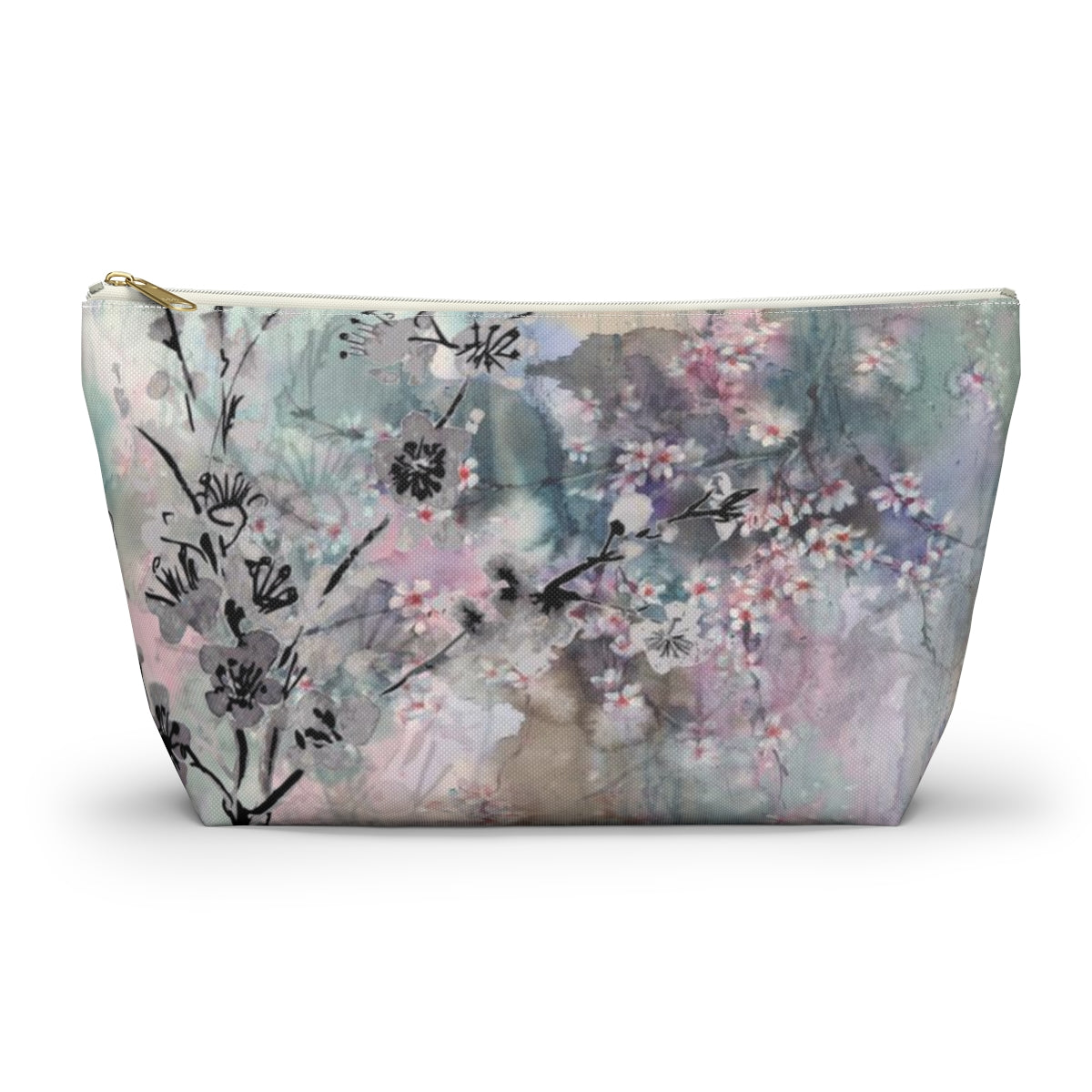 Sakura Cosmetic Pouch w T-bottom, Accessory Pouch - Watercolor Cherry Blossom