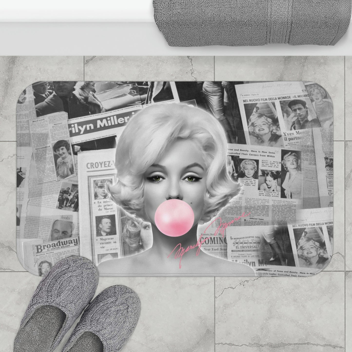 Marilyn Monroe Bath Mat - Black and White Vintage News Print - Marilyn Monroe Bubblegum Pink Autograph Bath Rug