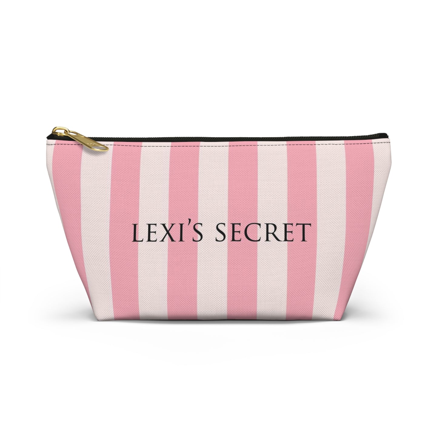 Personalized Secret Cosmetic Pouch w T-bottom, Accessory Pouch - Pink Stripe