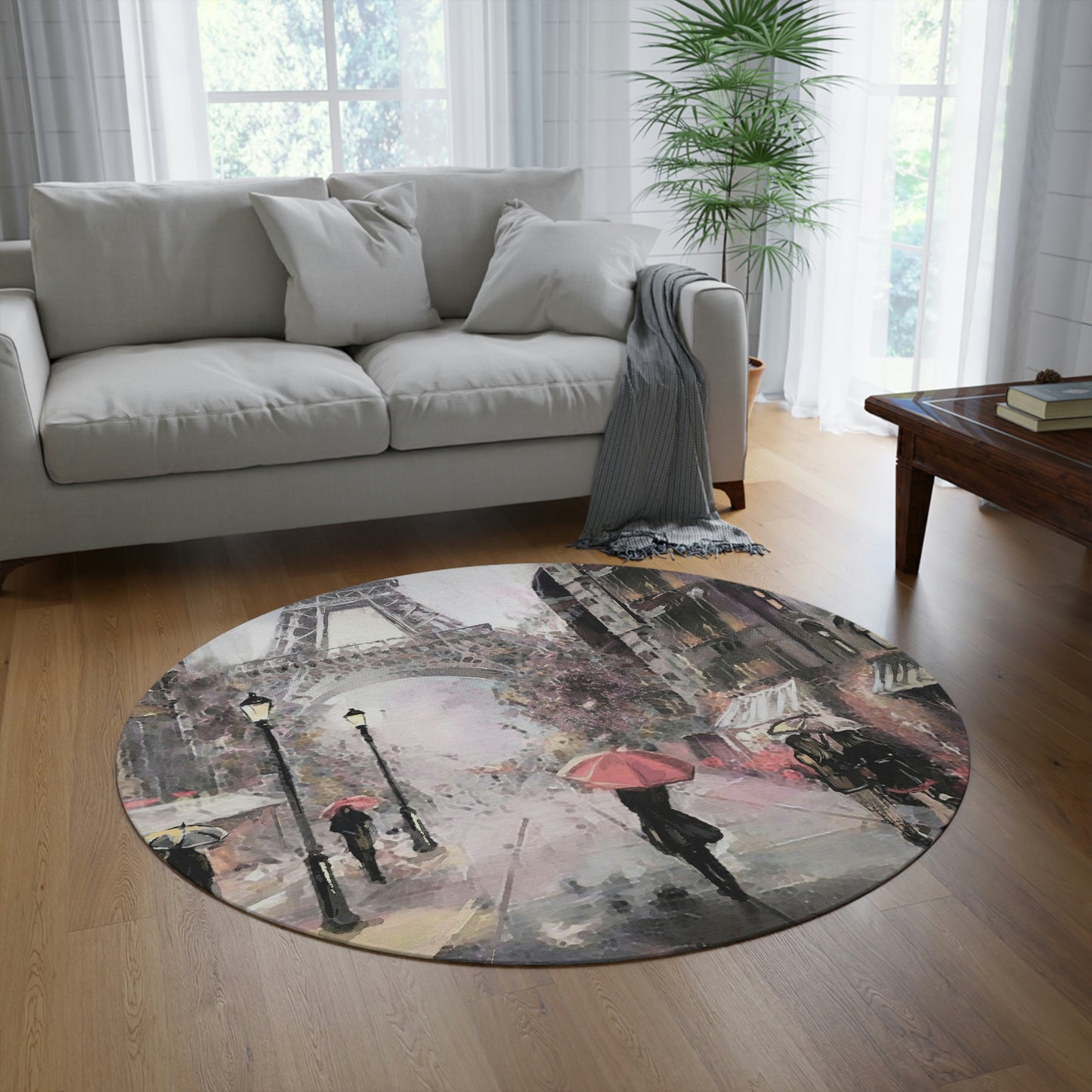 Eiffel Tower in Paris Round Chenille Round Rug - 60 Inch Floor Mat - Custom and Personalized Rug - Abstract Peach Umbrella