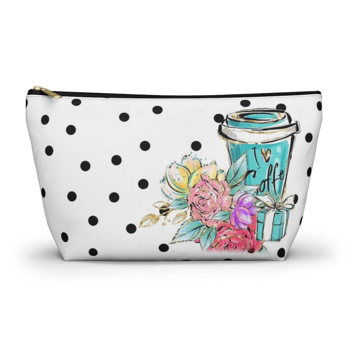 Personalized I Love Coffee Cosmetic Pouch w T-bottom, Accessory Pouch, Coffee Lover Polka Dot