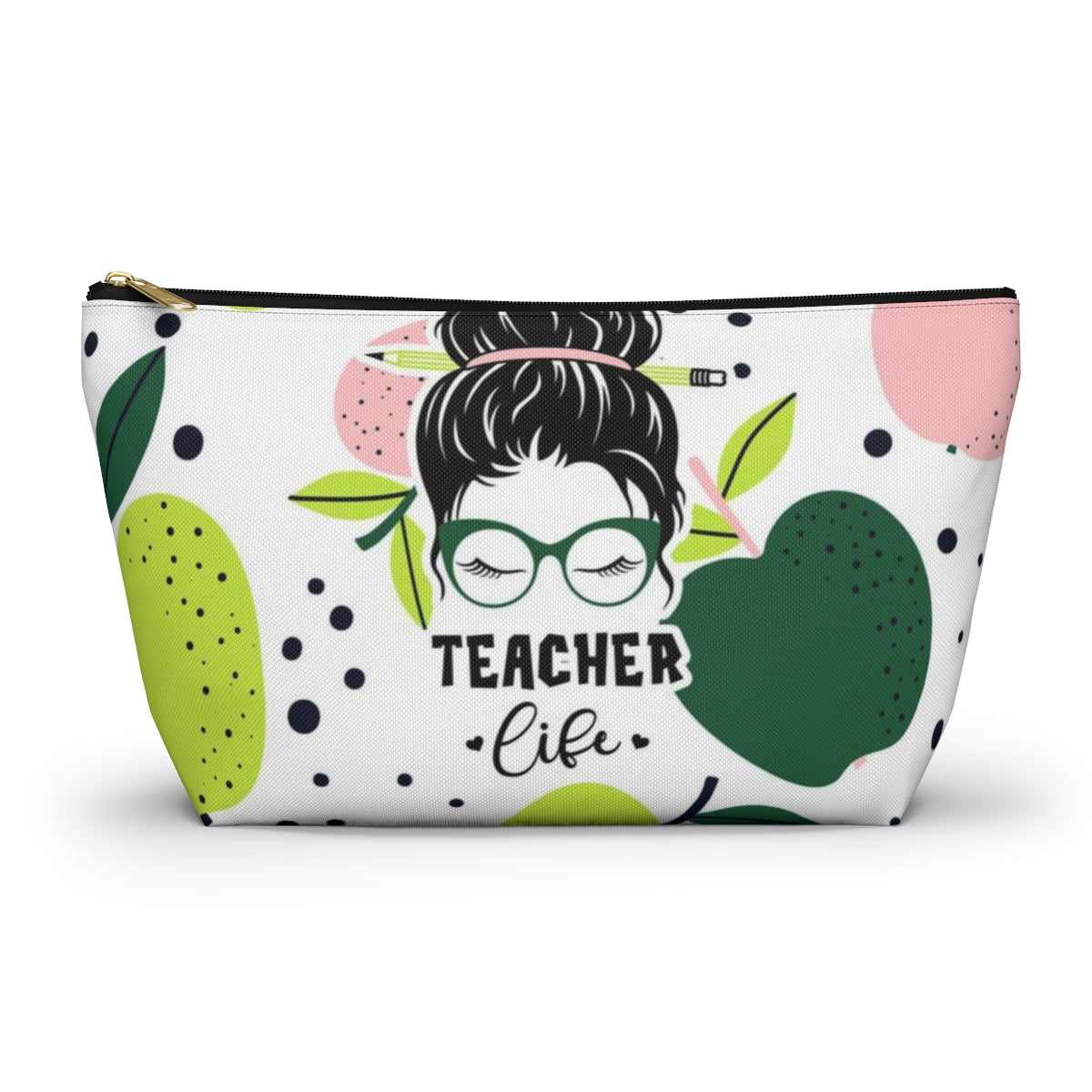 Teacher Life Cosmetic Pouch w T-bottom, Accessory Pouch, Pink and Green Apple Dot