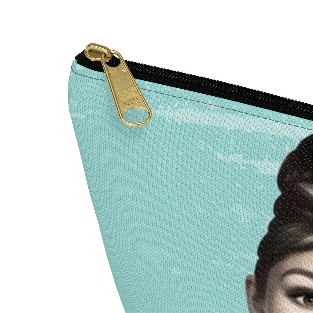 Audrey Hepburn Cosmetic Pouch w T-bottom, Accessory Pouch, Blue Green Signature