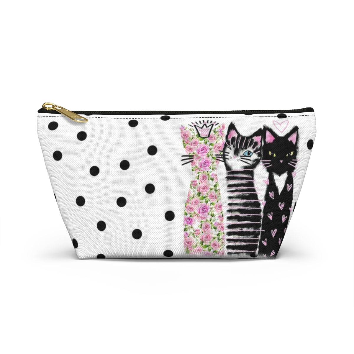 Personalized Kitty Cat Lover Cosmetic Pouch w T-bottom, Accessory Pouch, Cats Polka Dot