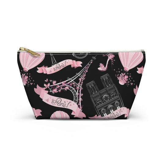 Whimsy in Paris Cosmetic Pouch w T-bottom, Accessory Pouch - Pink and Black Eiffel Tower Paris France Pouch