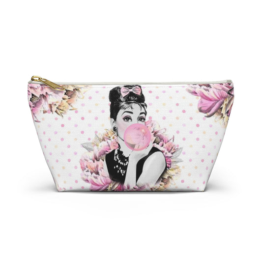 Audrey Hepburn Bubblegum Cosmetic Pouch w T-bottom, Accessory Pouch, Pink Polka Dot