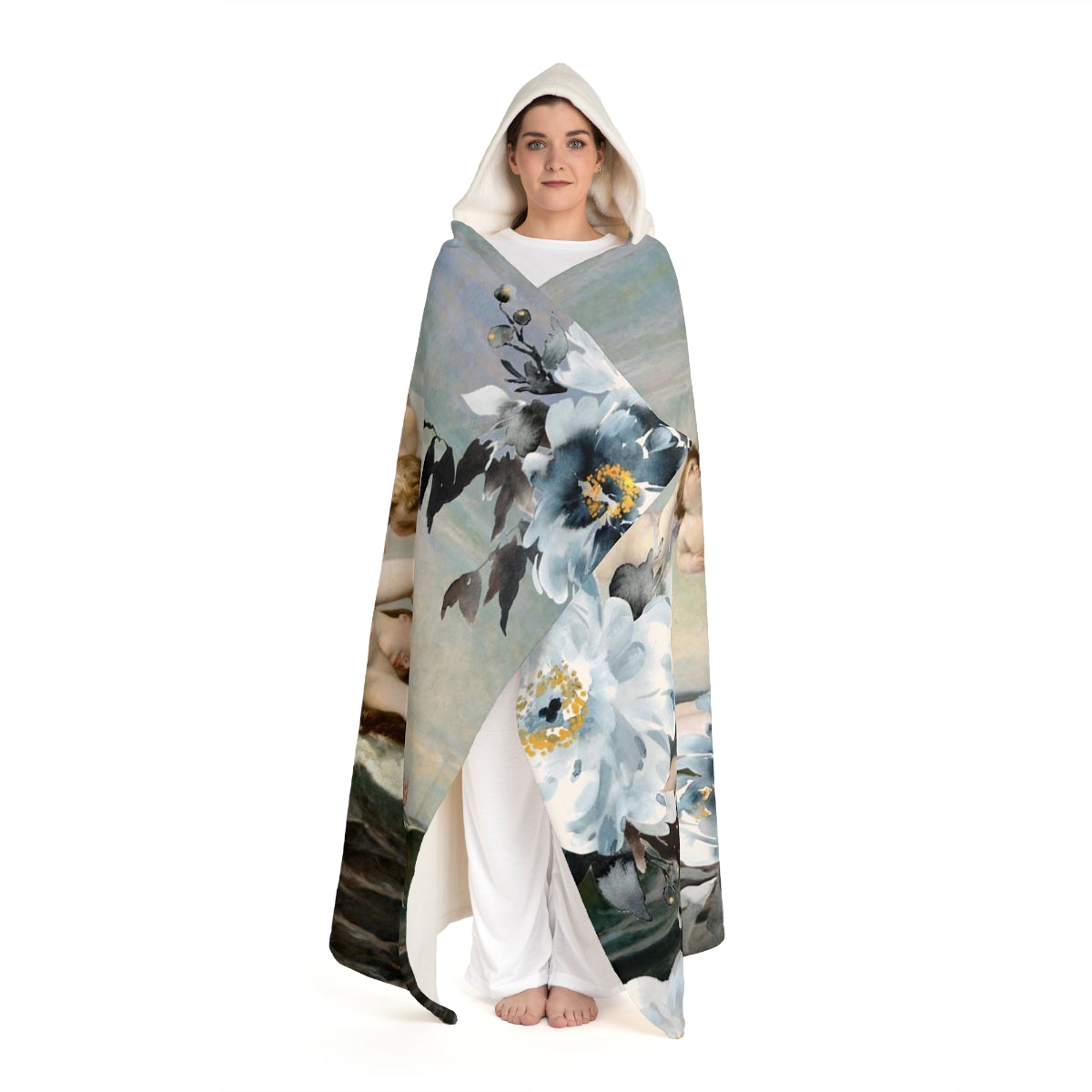 Venus Floral Hooded Sherpa Fleece Blanket, Hooded Shrug - Art Blue Flower