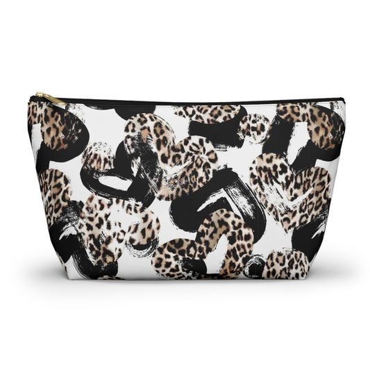 Personalized Leopard Hearts Cosmetic Pouch w T-bottom, Accessory Pouch