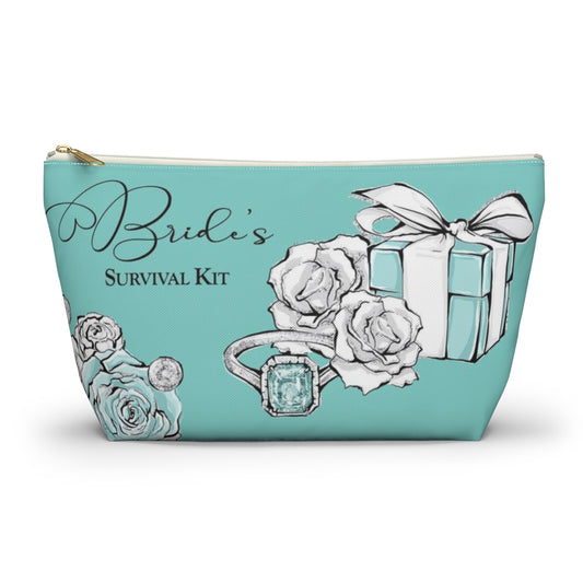 Brides Survival Kit Cosmetic Pouch w T-bottom, Accessory Pouch, Blue Green