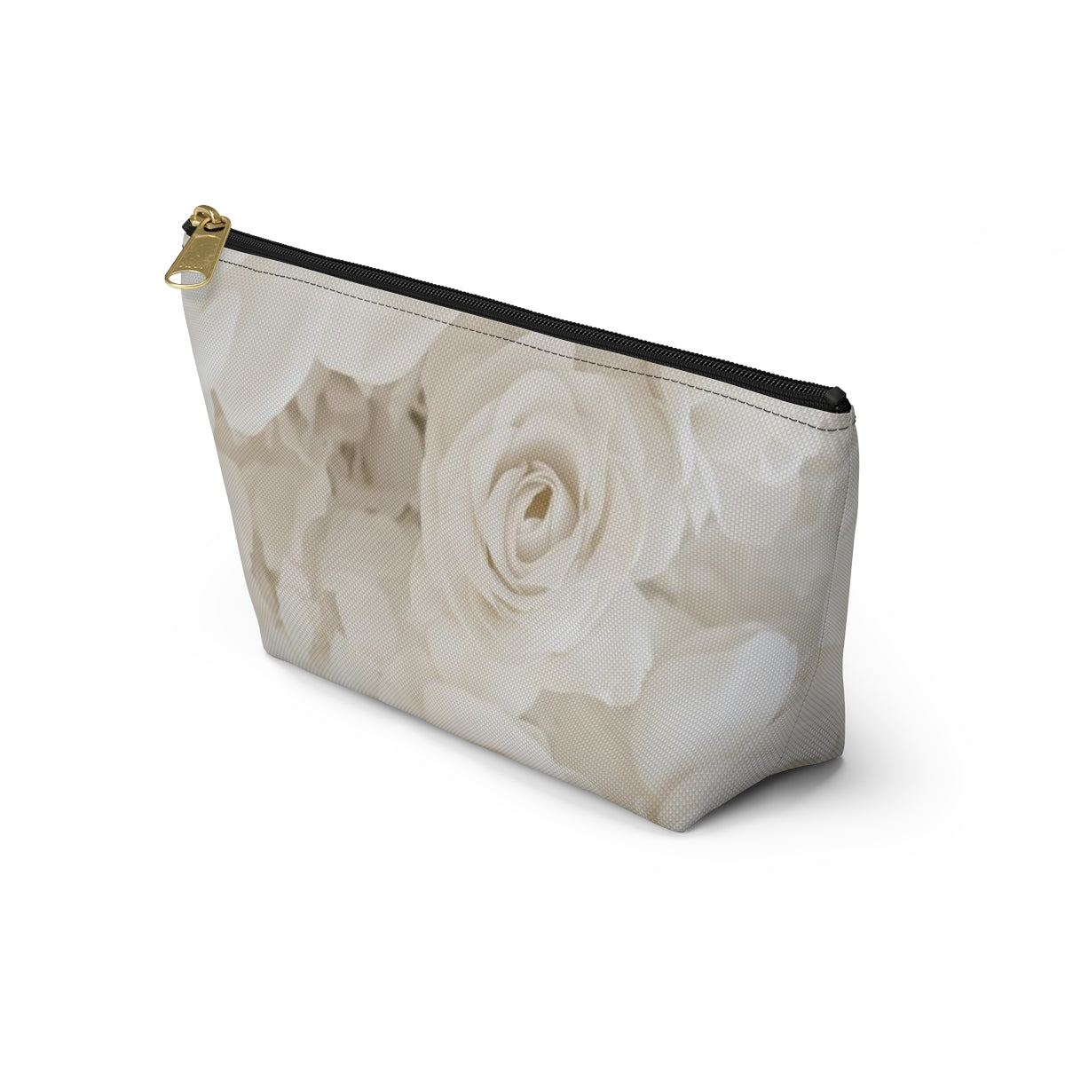 Personalized Cream Rose Cosmetic Pouch w T-bottom, Accessory Pouch - Off White Rose Leopard Print