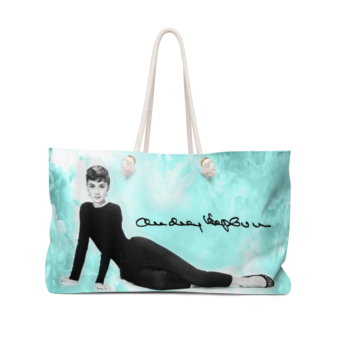 Audrey Hepburn Signature Tote Bag - Weekender Bag, Rope Tote, Blue Green