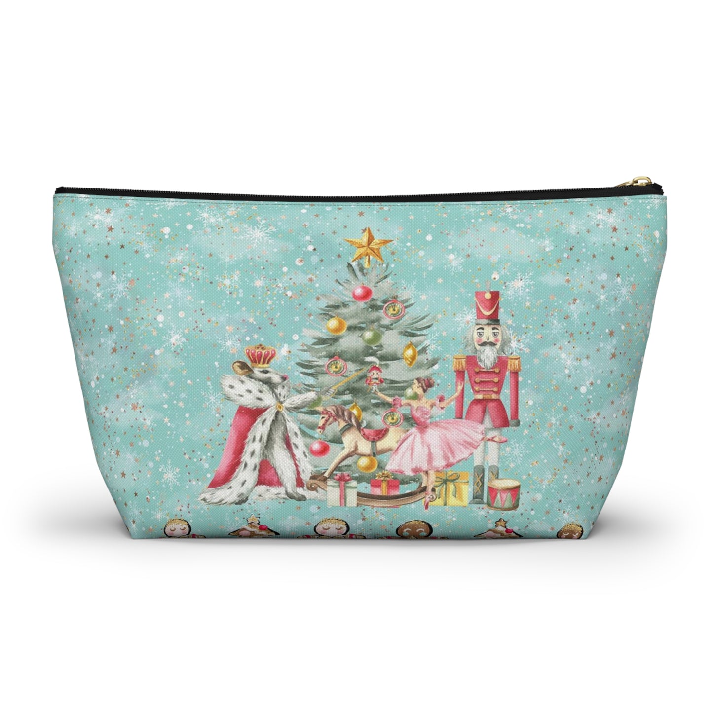 Nutcracker Gingerbread Cosmetic Pouch w T-bottom, Accessory Pouch - Blue Green Snowflake Nutcracker Ballet Makeup Bag