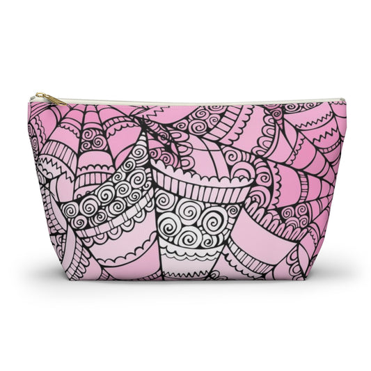 Curly Spiderweb Cosmetic Pouch w T-bottom, Accessory Pouch - Pink Bubblegum Goth Spider Web