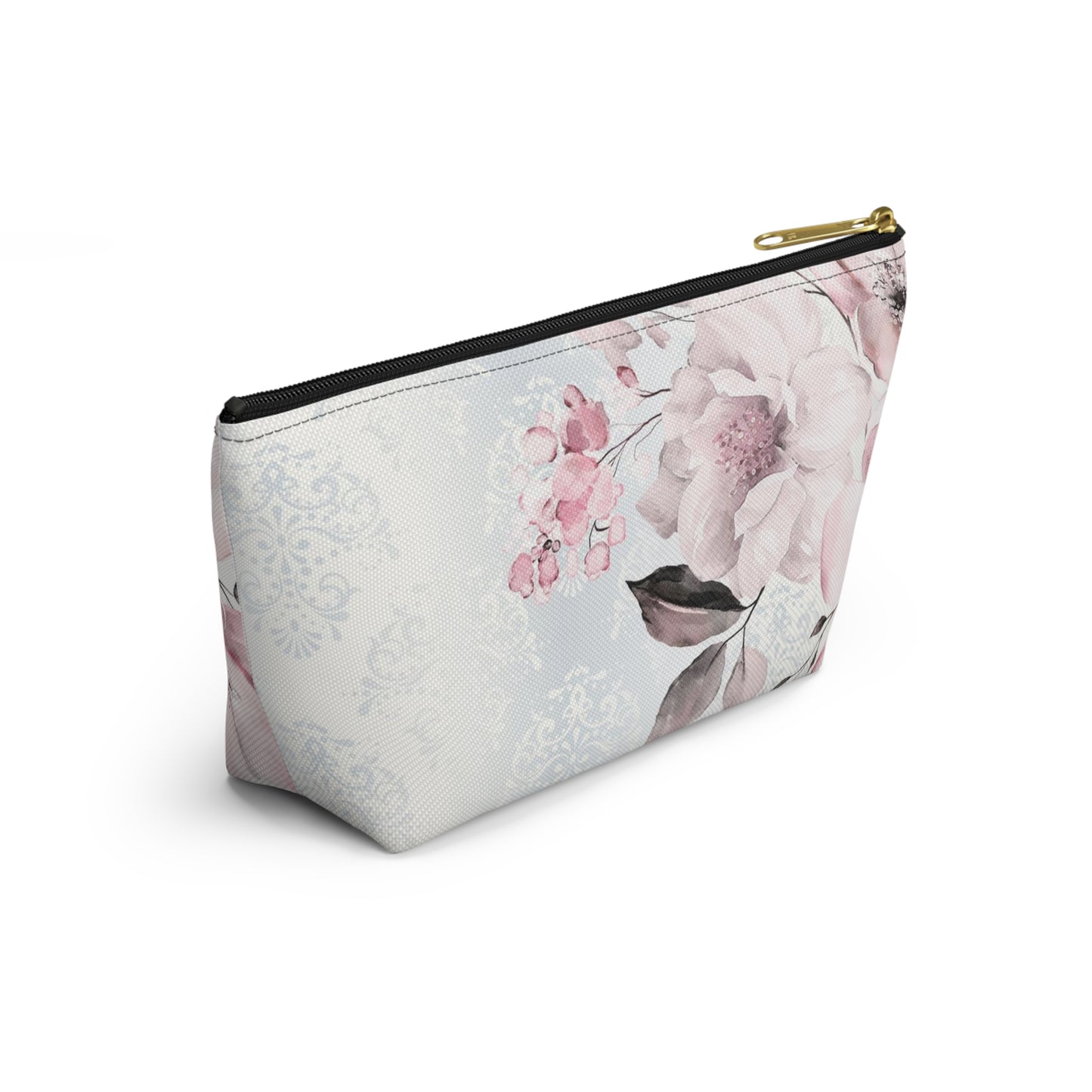 Personalized Pink Flower Damask - Cosmetic Pouch w T-bottom, Accessory Pouch