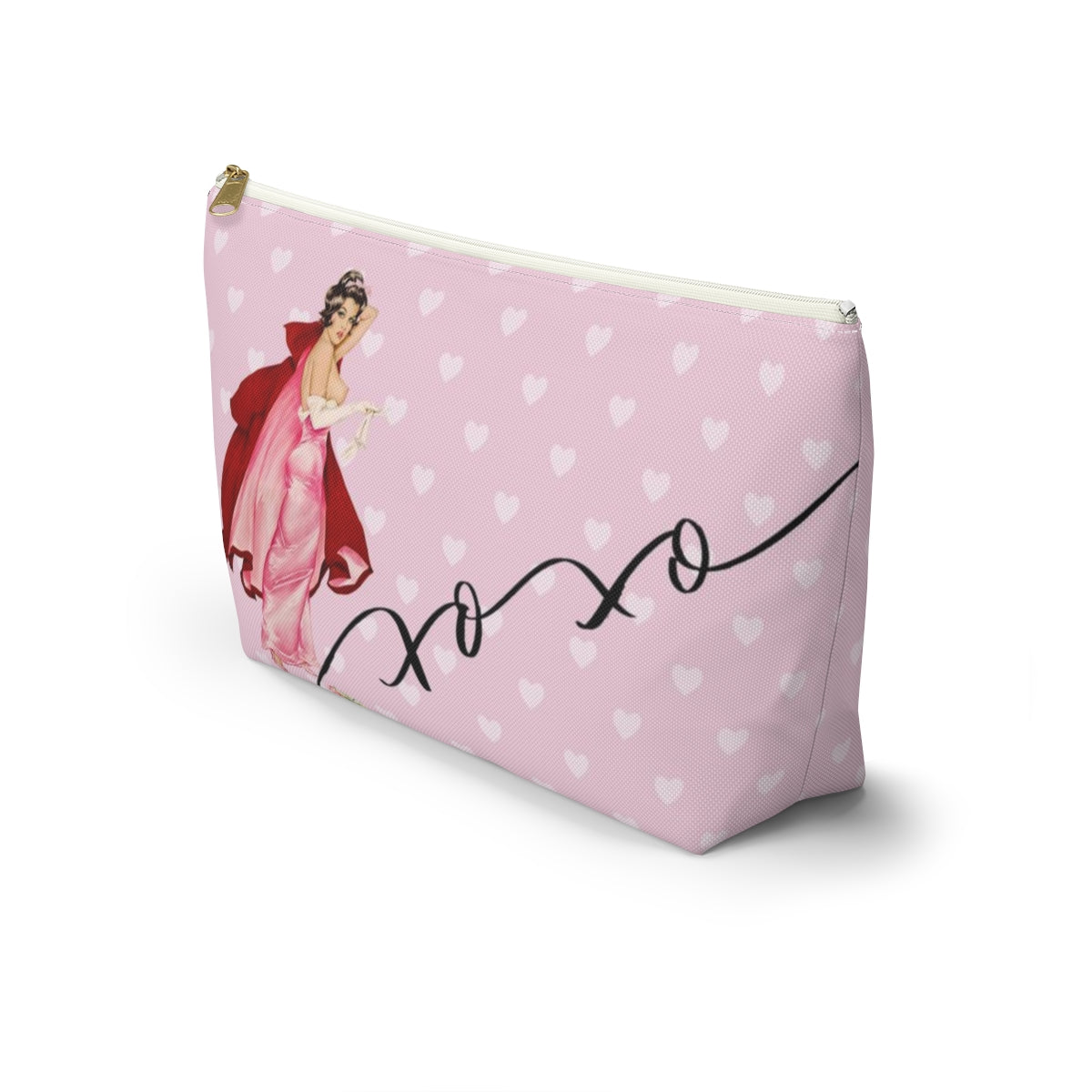 Personalized Pink Pinup Girl Cosmetic Pouch w T-bottom, Accessory Pouch - Red Riding Hood XOXO